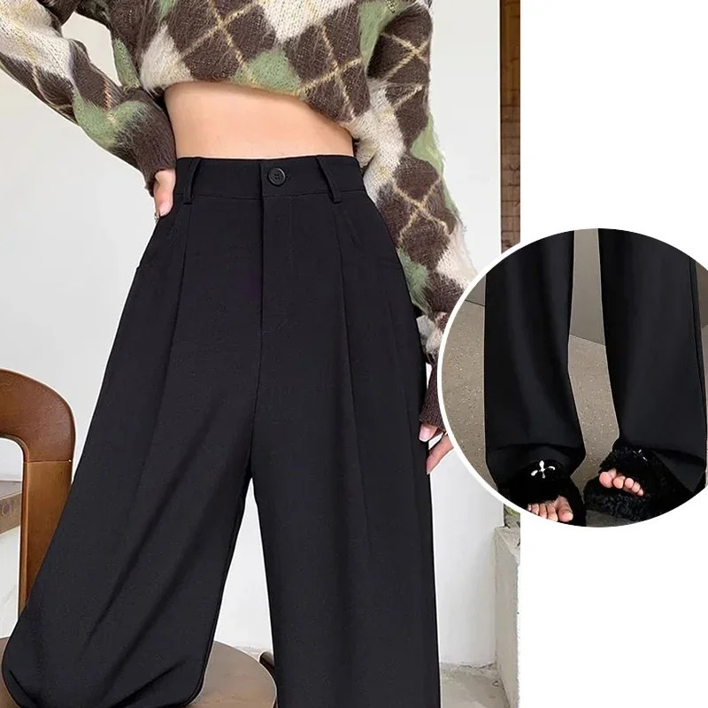 Women Fashion Suit Pants Lady Breathable Baggy High Waist Wide Leg Summer Trousers Straight Black Coffee Classic 250808