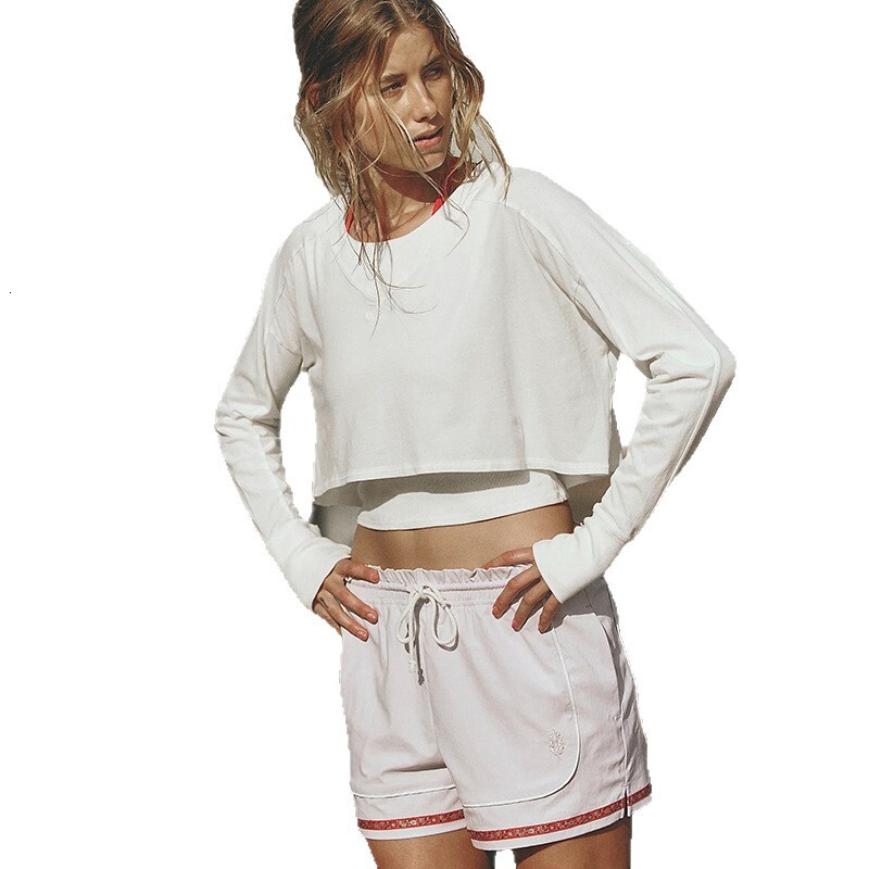 Solid Color Crop Top T-Shirt Women's Pure Cotton Versatile Long Sleeve Base Shirt Autumn Sports Round Neck Thin Sweatshirt