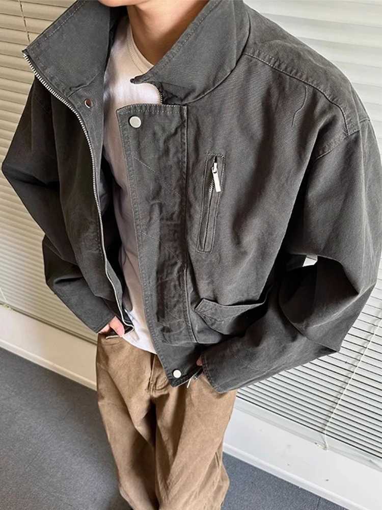 Trendy Multi Pockets Zip-up Crop Jacket Coat For Men Autumn Outerwear Casual Solid Color Short Jackets Vintage Mens Short Coat W250815