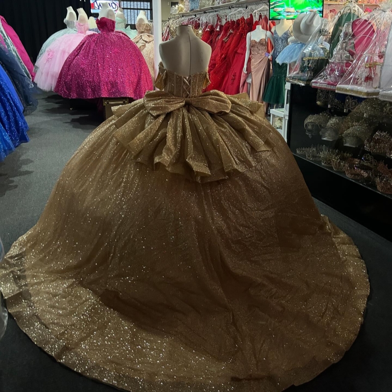Gold Shiny Princess Sweet 16 Dress Dress Quinceanera Dresses Sequin Beads Bow Corset Tull Party Birthday Vestido De 15 Anos Ball Gowns