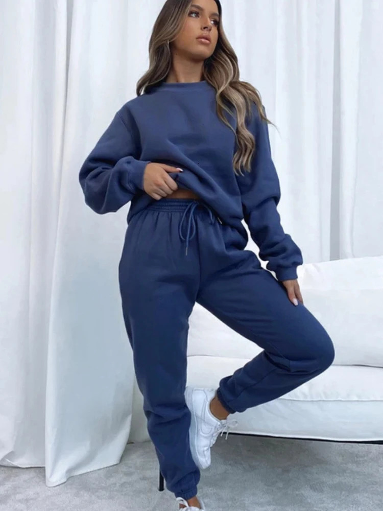 Autumn womens casual suit solid color long sleeve crewneck hoodie laceup pocket pants winter twopiece set 250814