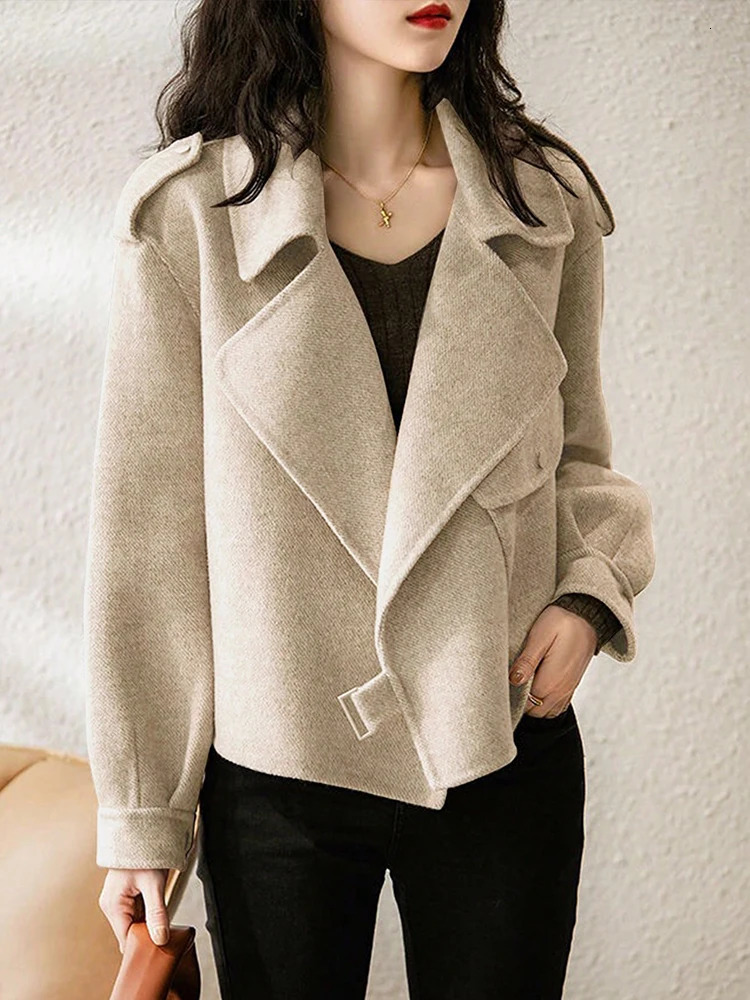 Woman Bomber Jacket Coat Autumn Winter Warm Belt n Woolen for Women Solid Khaki Elegant In Outerwears 250805