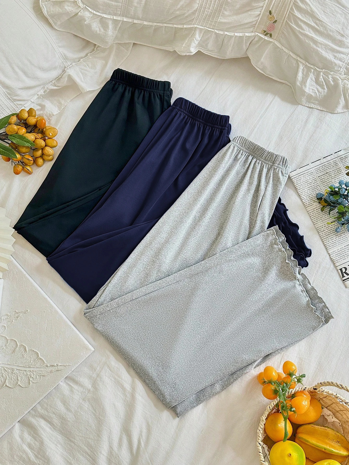 Fashionable and versatile high waisted loose wide leg ruffled hem womens long pants 3piece set 250808