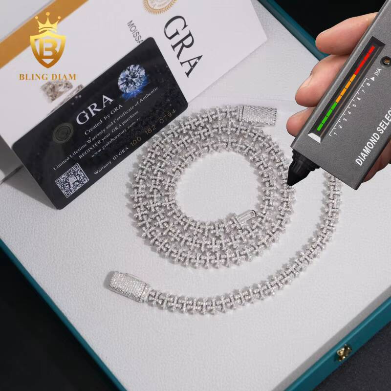 Fashion 8.5mm Cuban Moissanite Chain Pass Diamond Tester VVS Moissanite Cross Necklace 925 Sterling Silver Past Diamond Test GRA