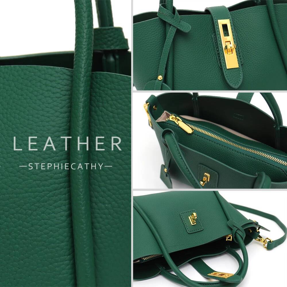 SC Fashion Women Genuine Leather Top-Handle Bags Twist Lock Bucket Tote Handbags Ladies Cross Body Shoulder Purses Chic