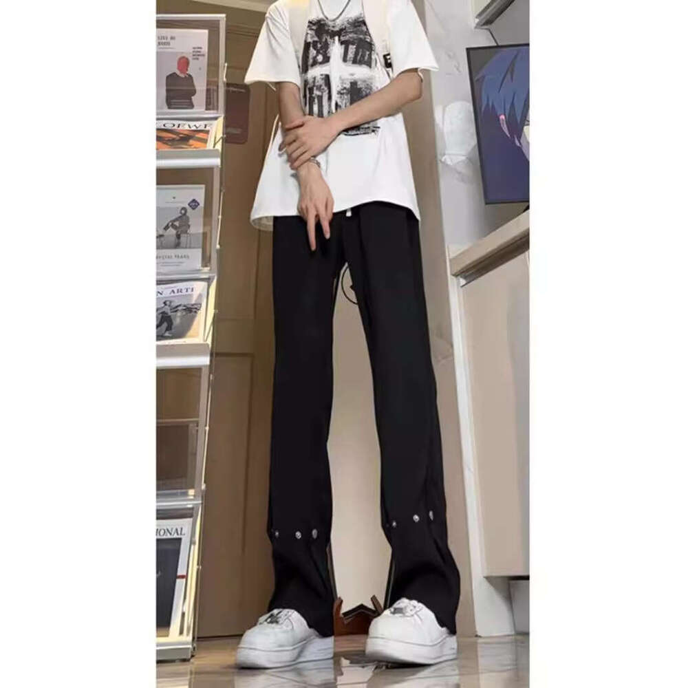 Black Ice Silk Trousers With Draped Effect, High-End Feel, Leg-Lengthening For Tall Men, Extended Slim-Fit Straight-Leg Flared Pants B5