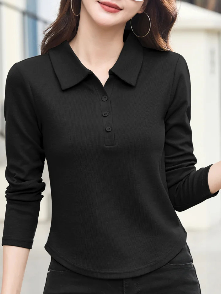Womens Casual Long Sleeve Polo Shirt Regular Fit for Spring a Knit Fabric Solid Color with Lapel Collar and Button Detail R 250814
