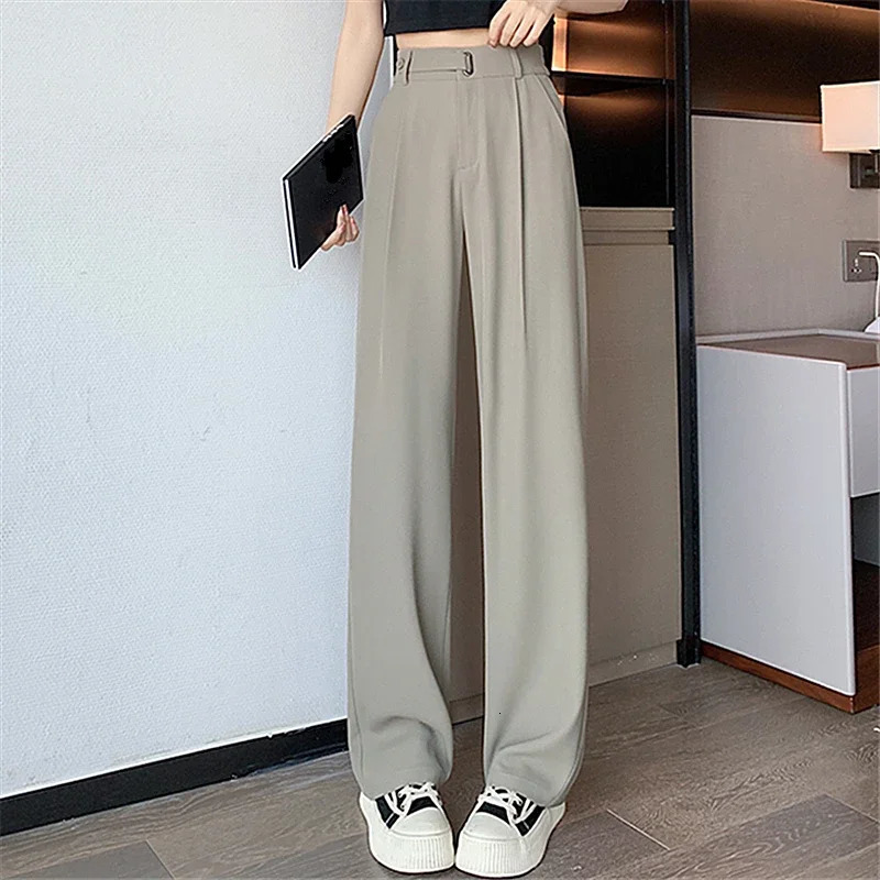 Seoulish Summer Womens Casual Pants Wide Leg Elegant Office Lady 2024 Solid Color High Waist Loose Trousers Female 250808