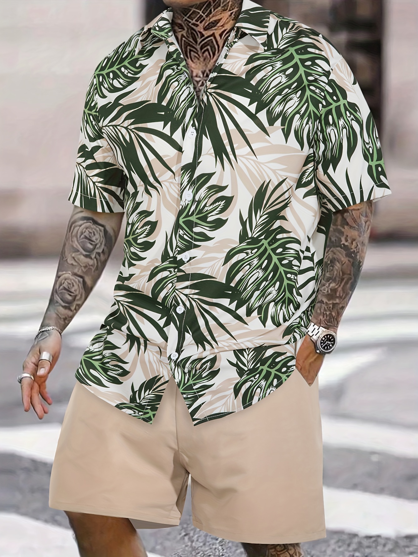 Men's Tropical Palm Leaf Print Beach Set - Short Sleeve Shirt & Khaki Shorts Vacation Outfit