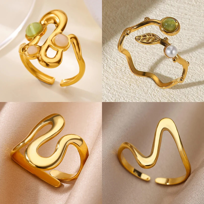 Opal Wave Rings for Women Stainless Steel Gold Color Leaves Ring 2025 Fashion Wedding Couple y2k Jewelry Gift anillos 250811