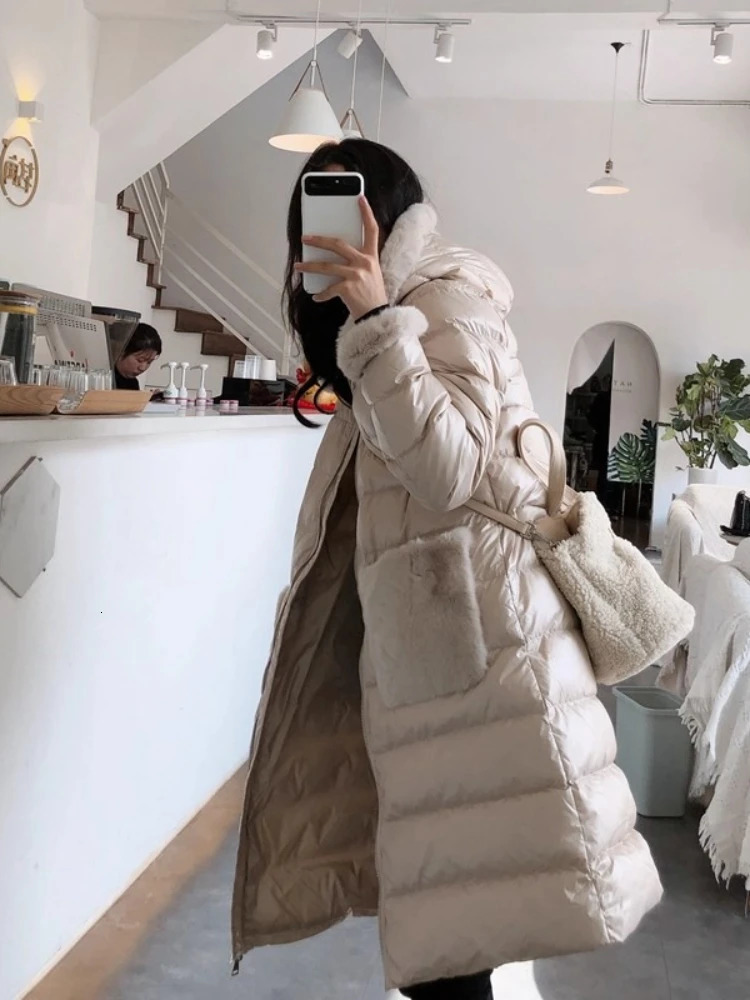 Winter Down Jacket Women Rabbit Fur 90% Collar Hooded White Duck Puffer Coat Female Warm Windproof Parkas Ladies 250811