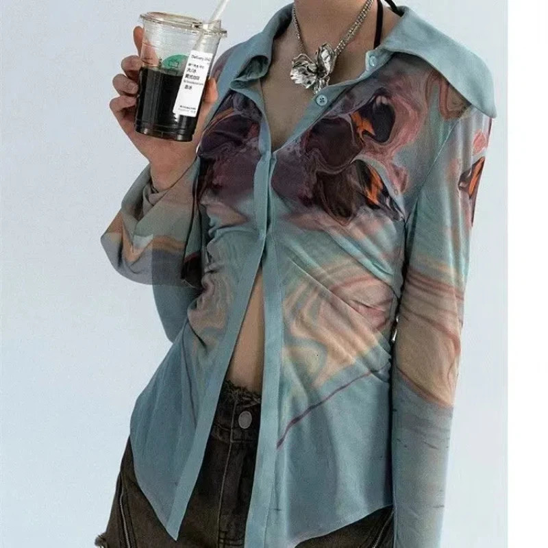 Japanese Summer Womens Lolita Patchwork Polo Shirts Button Printing Gauze Fashion Slim Elegant Long Sleeved Tops 250814