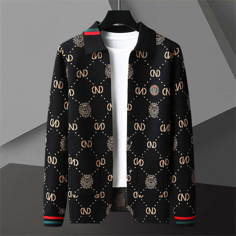 High-end knitted cardigan men's spring and autumn trend jacquard lapel sweater coat fashion jacket casual men's tops