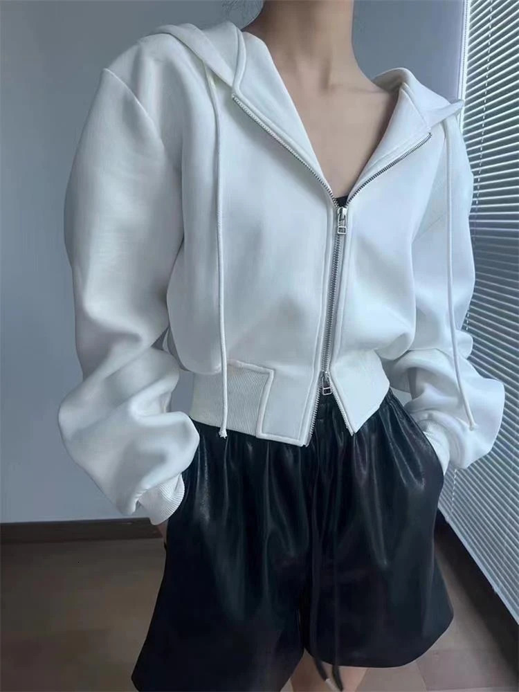 Casual Short Hooded Sweatshirt Women Zip Up Hoodies Mujer Solid Harajuku Long Sleeve Slim fit Crop Top Female Jackets Coat 250814