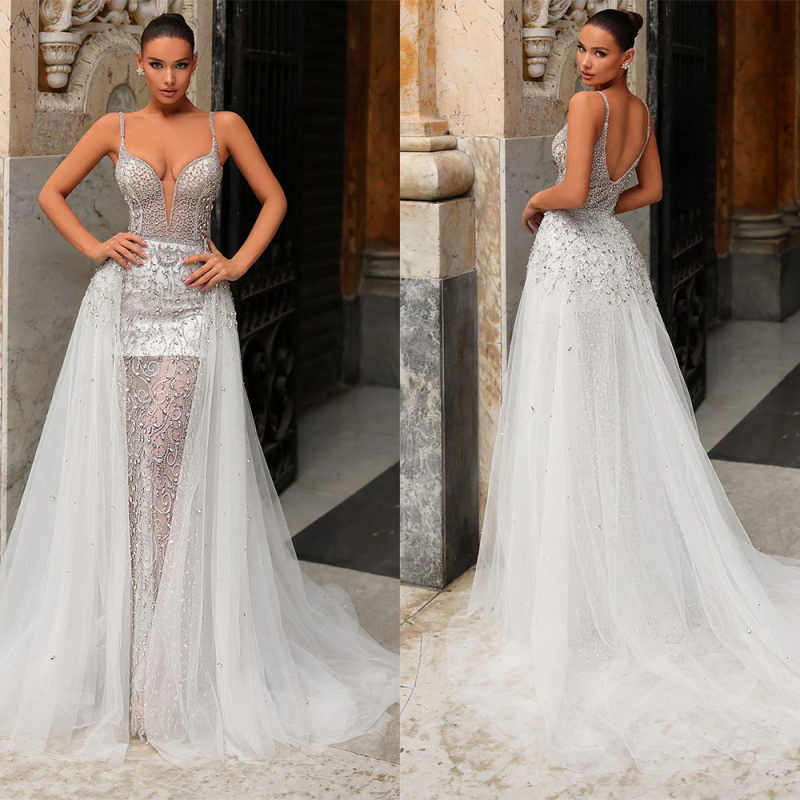 Illusion Beaded Mermaid Wedding Dresses Spaghetti Strap Sleeveless Bride Dress Sheath Lace Floor Length Bridal Dress Customized