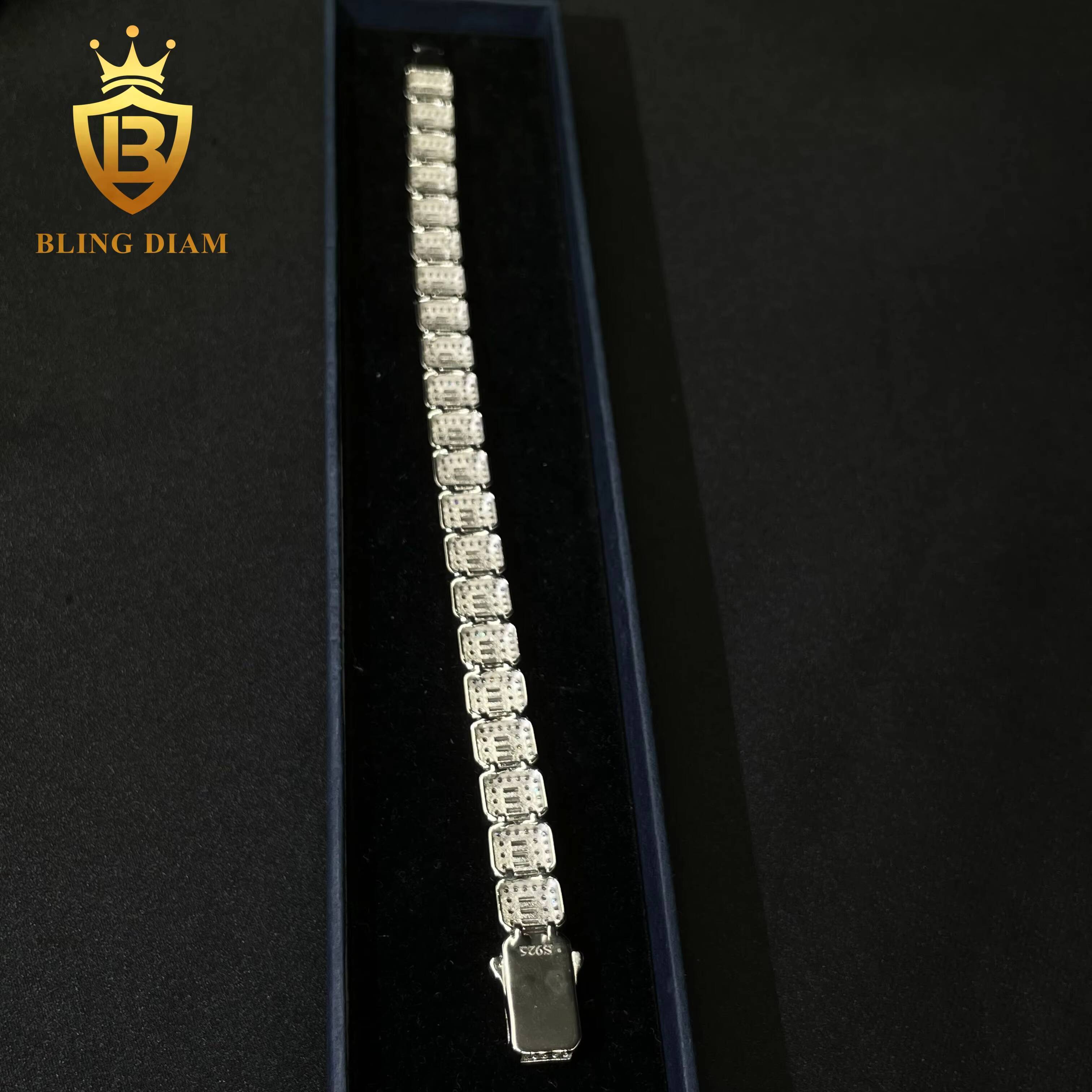 New Style Fashion 9mm Luxury Iced Out Hip Hop Jewelry 925 Sterling Silver Baguette Cluster Tennis Chain Bracelet