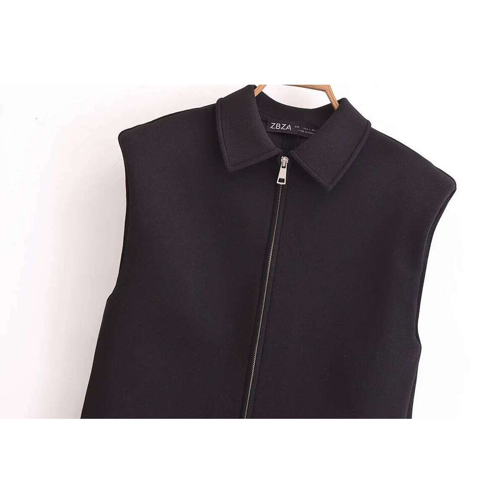 Designer Clothing 2025 TRAF Basic Style Black Jacket For Woman Zipper Design Turn-Down Collar Short Vest Top Daily Casual Street Clothing