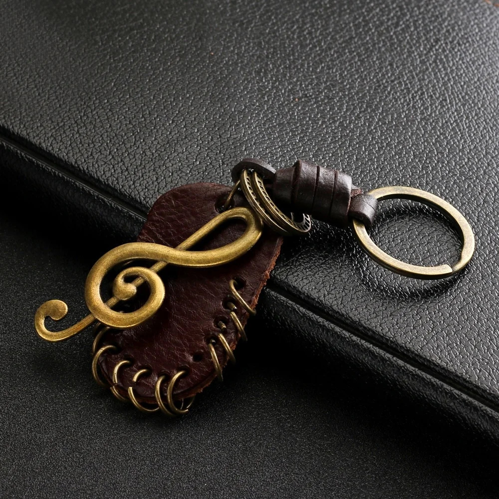 Vintage Genuine Leather Wing Compass Music Symbol Keychain Handwork Alloy Accessories Men for Friendship Gift Handbag 250811