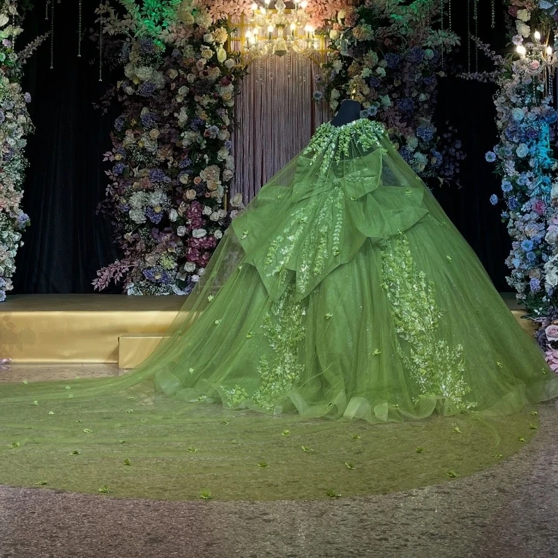 Green Shiny Princess Sweet 16 Dress Quinceanera Dresses Off The Shoulder Sequin Applique Beading Bow Tull With Cape Party Birthday Vestdos 15 Anos