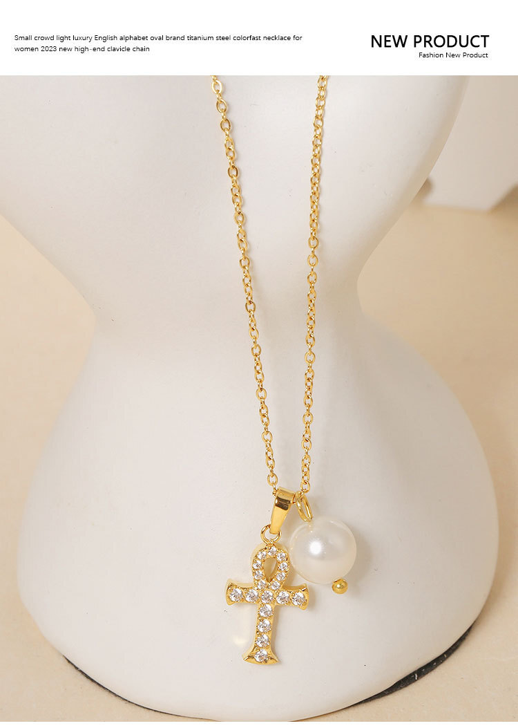 Titanium Steel Cross Zircon for Women Summer Non-Fading Light Niche Shell Pearl Necklace Jewelry Jewelry for Women