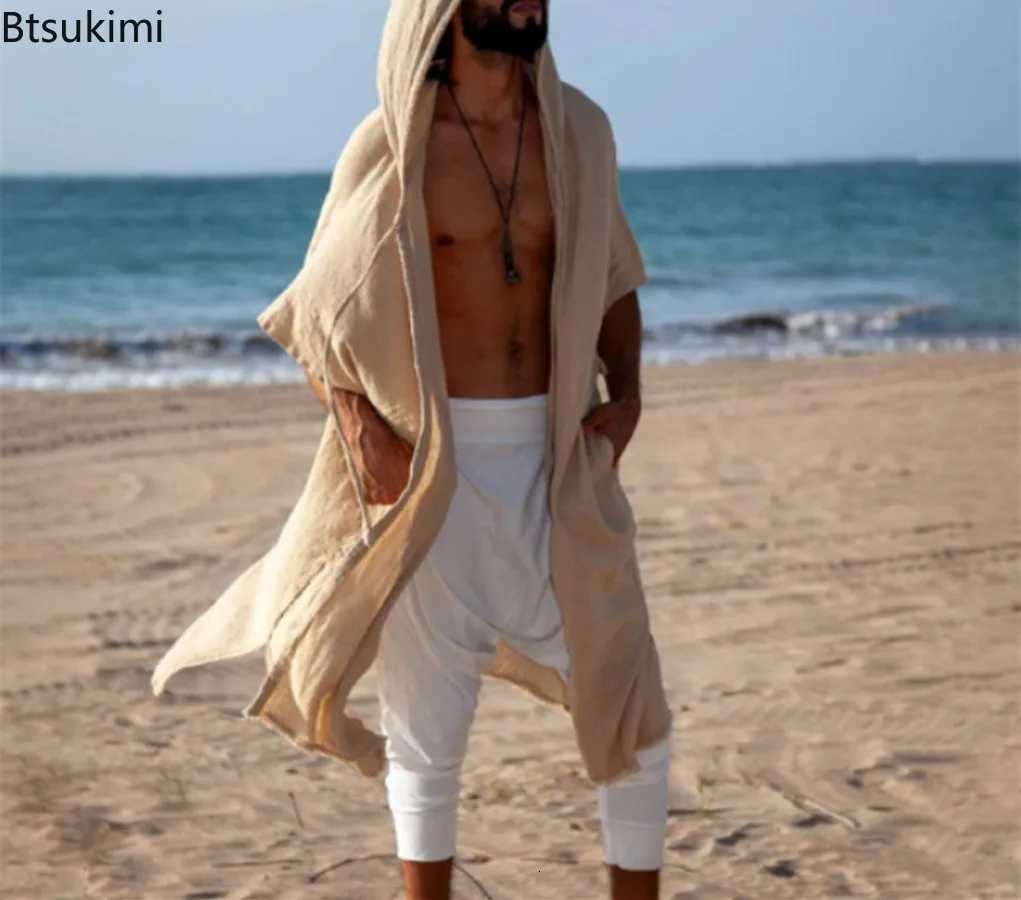 2025 Mens Summer Mid-length Cardigans Loose Casual Sun Protection Clothes Beach Holiday Style Shawl Coat Male Long Hooded Cape W250815