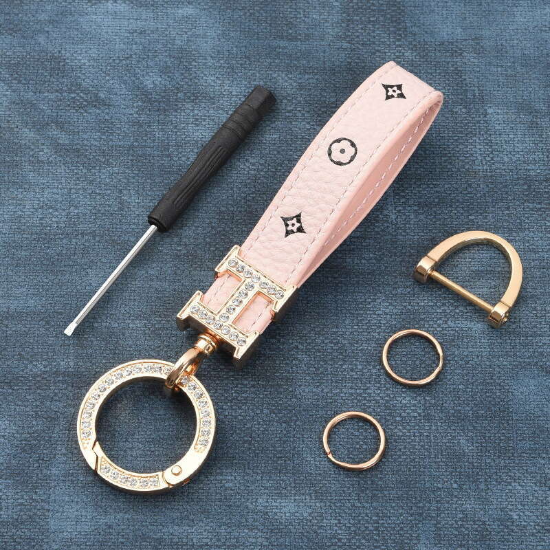 New Style Dia-Encrusted Zinc Alloy Car Woven Metal Key Ring Accessories Chain Leather Rope Keychain