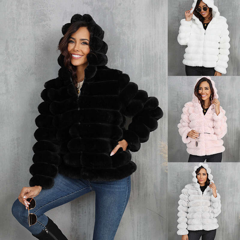 Faux Fur Women Coats Hooded Full Sleeve Short Coat Zipper Thick Warm Solid Temperament Elegant Splice Autumn Winter