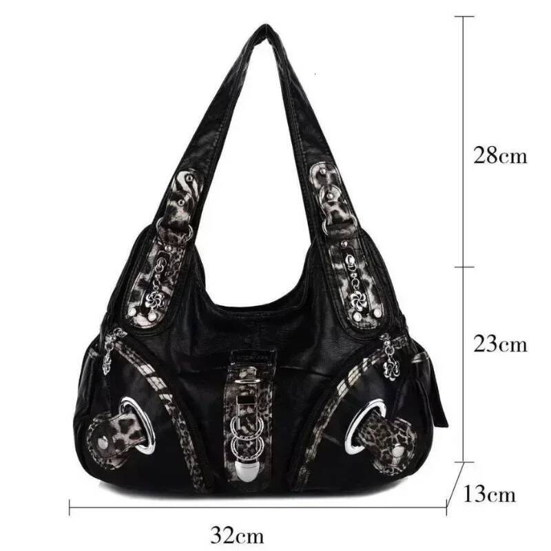 Women Vintage Leopard Print Handbags Punk Biker Satchel Top-Handle Shoulder Bag Ladies Underarm Bags Multi-Pockets Dumpling Pack