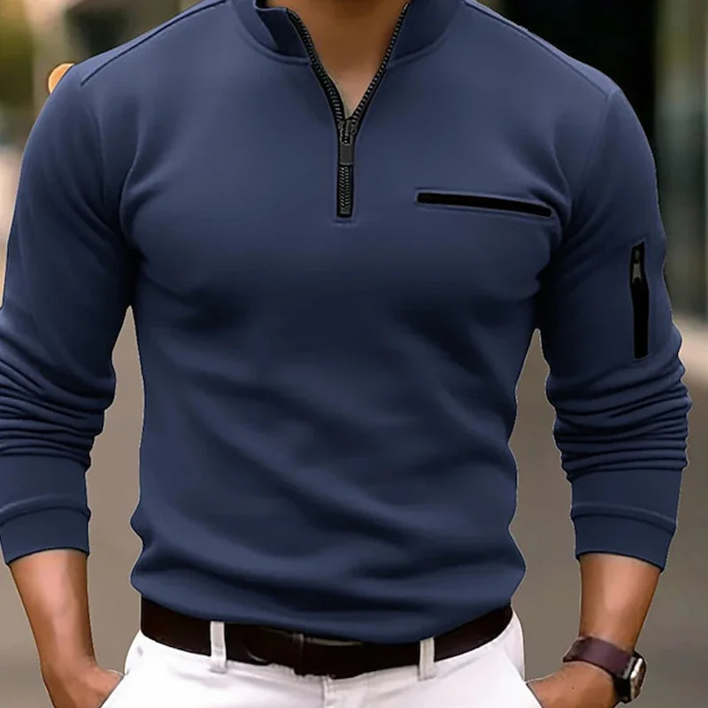 Spring Fashion Zipper n Polo Shirts Casual Solid Color ONeck Tees Pullover Men Clothing Long Sleeve 250814
