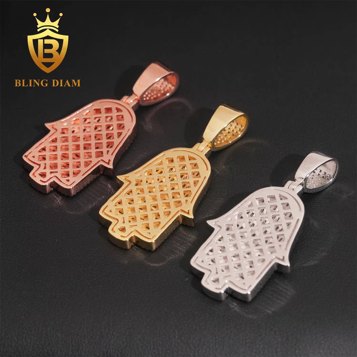 Wholesale Price Hip Hop Hamsa Pendant Solid 925 Silver Moissanite Jewelry 3 Color Iced Out Pendant Baguette Cut