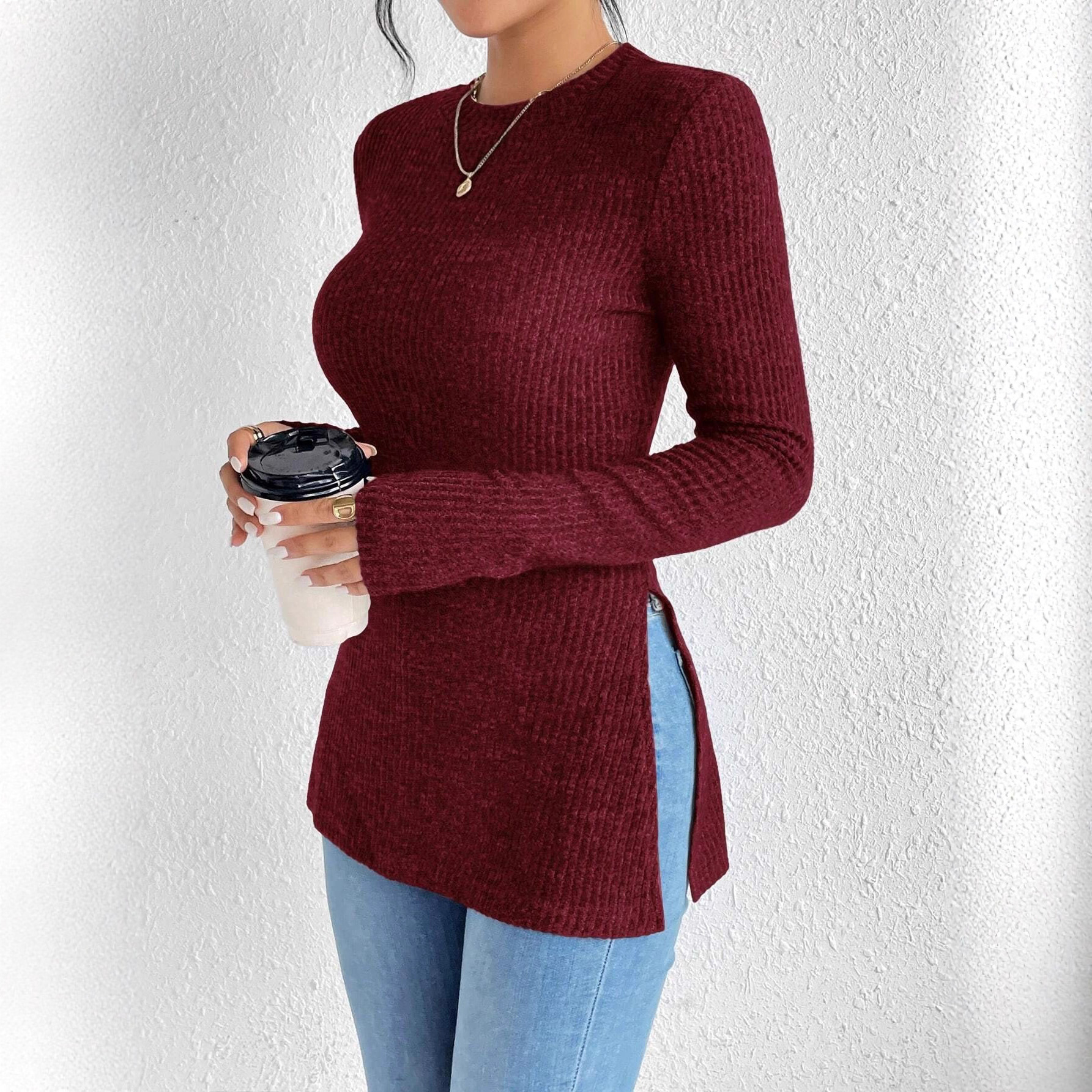 Sexy Women's New Slim Fit Brushed Cotton Crew Neck Ribbed Knit T-Shirt