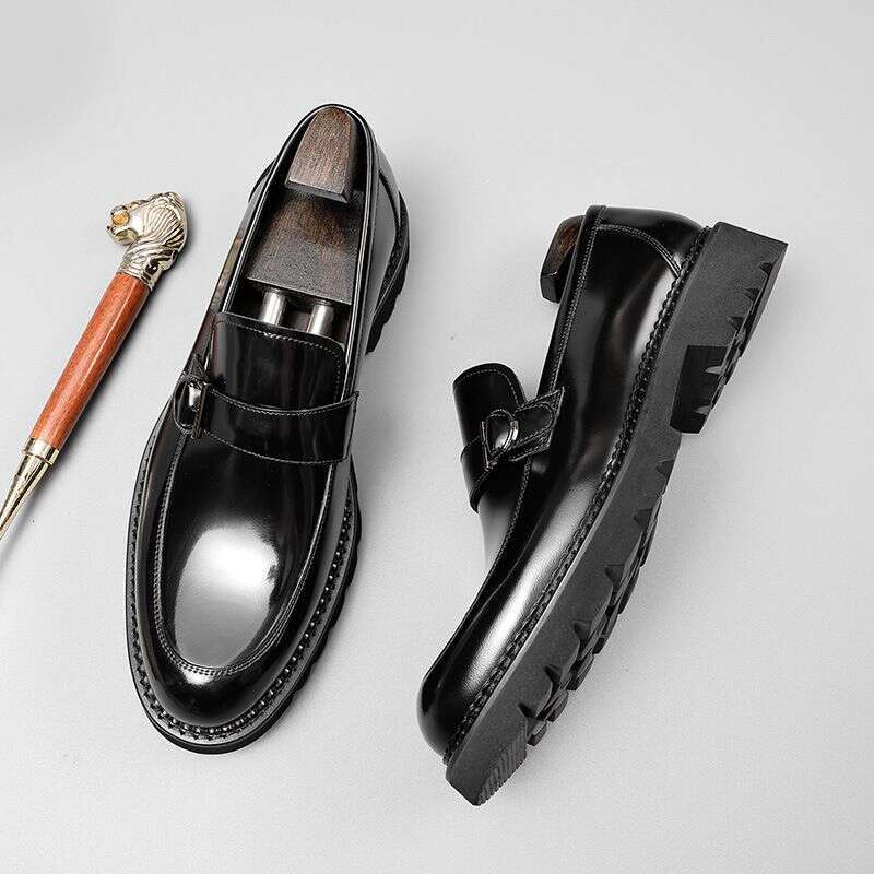British Style Loafers For Men With Shiny Leather, Increased Height, Thick Sole, Casual One Foot Round Toe Leather Shoes,