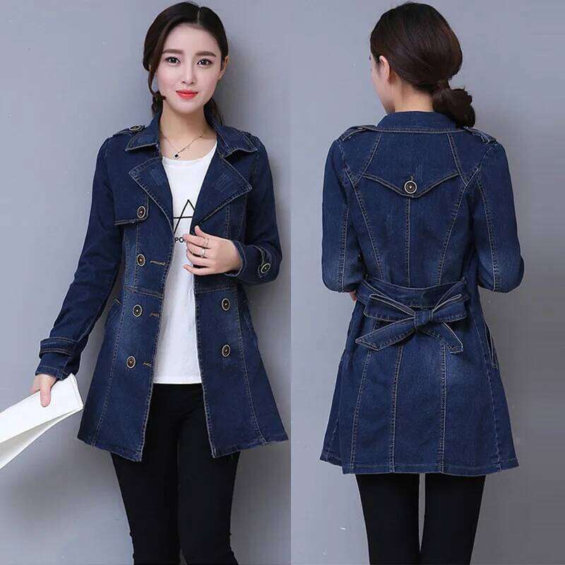 Designer Clothing 2025 Autumn Denim Coat Women Double-Breasted Full Sleeves Vintage Windbreaker Female Long Jean Jacket Outerwear Tops