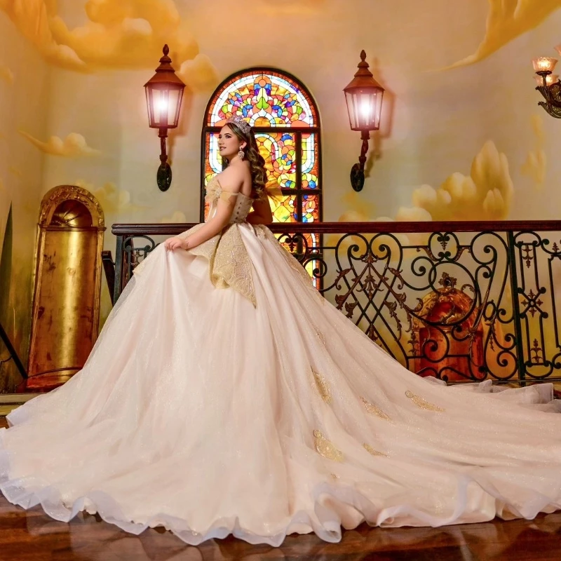 Champagne Shiny Princess Sweet 16 Dress Quinceanera Dresses Beading Crystal Tull Corset Party Birthday Vestido De 15 Anos Ball Gown