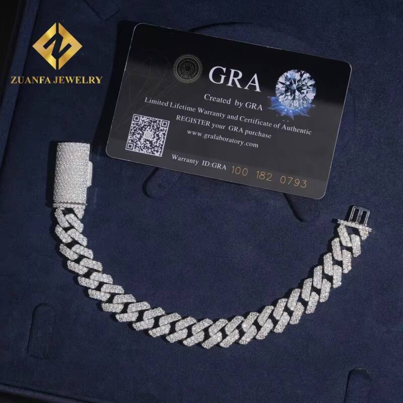 Hot Sale Jewelry Hip Hop 12mm Mens 925 Sterling Silver Lab Diamond Iced Out VVS Moissanite Cuban Link Bracelet