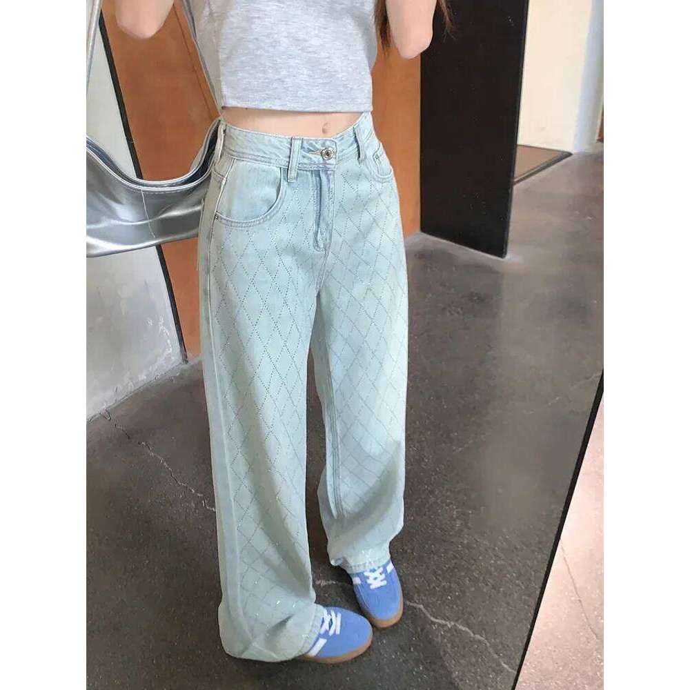 Women Blue Baggy Plaid Jeans Vintage Y2k Cowboy Pants Haruku Aesthetic Denim Trousers Trashy Japanese 2000s Style Clothes 2024