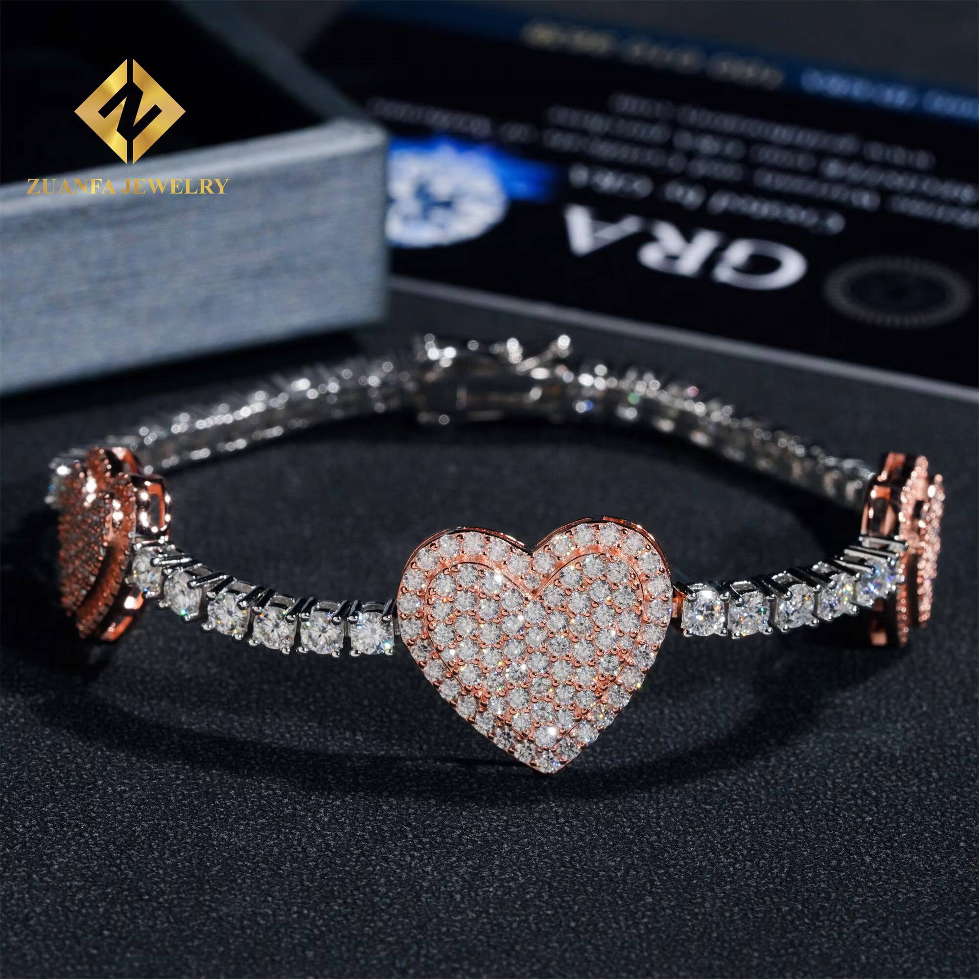 New Design 3mm Iced Out Hip Hop Jewelry S925 Silver Rose Gold Plated VVS1 Moissanite Diamond Heart Tennis Chain Bracelet