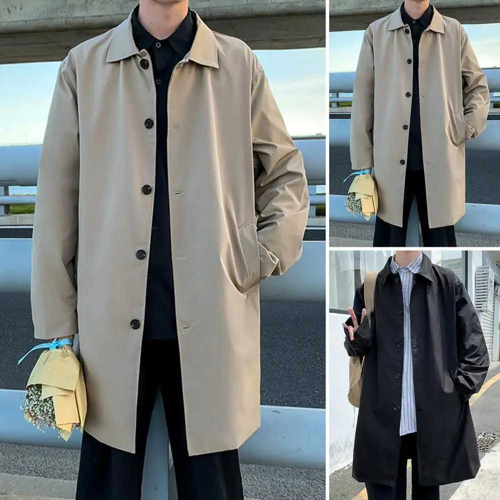 Versatile Men Outerwear Casual Mid-Length Outwear Stylish Mens Lapel Windbreaker Coat with Double Breasted Design Pockets W250815