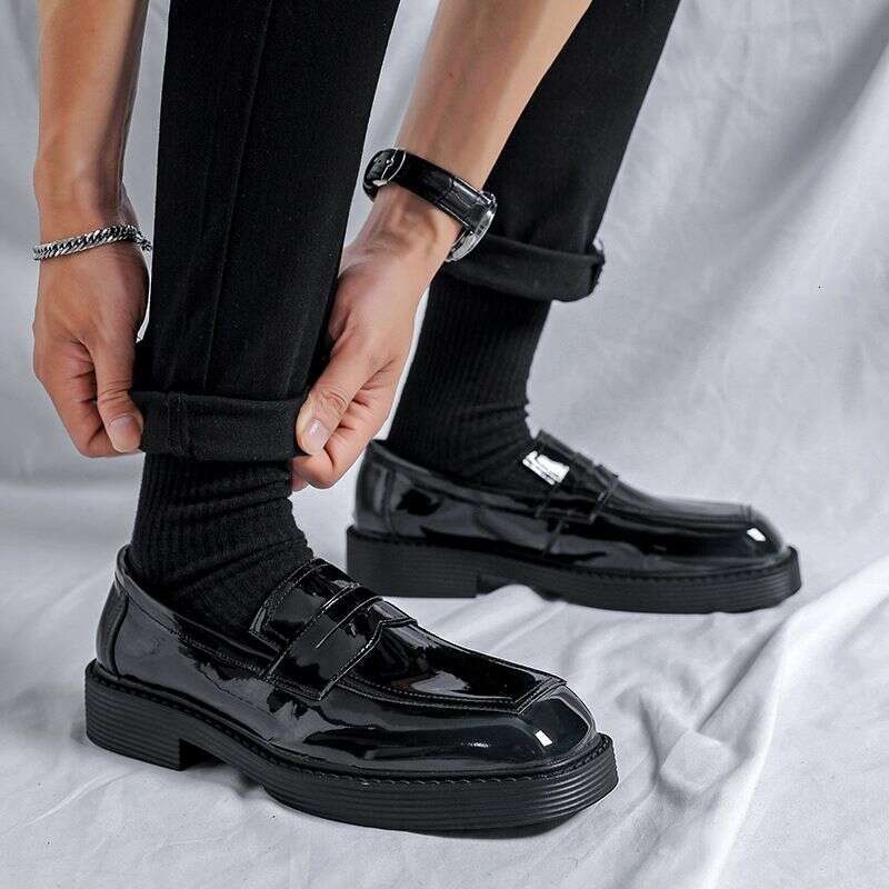 Blue Square Head Low Heel Foot Cover Patent Casual Daily Business Commuter Leather Shoes