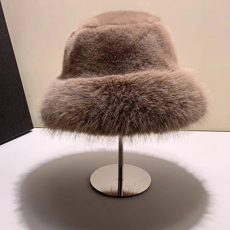 Winter Faux Fur Hat Fluffy Bucket Hat for Women Plush Hat Thicken Snow Windproof Rabbit Fur Russian Hat Bonnet 250808