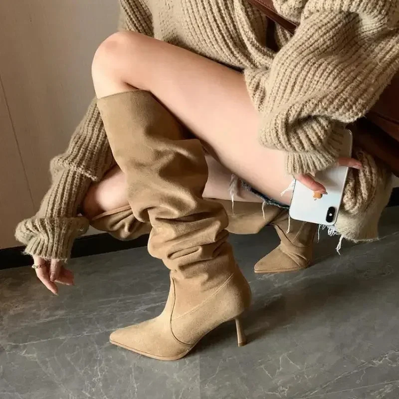 Pleated Faux Suede Knee-High Boots Women Pointed Toe Slip-On Western Cowboy Boots Woman Autumn Thin Heels Long Botas Mujer 250809