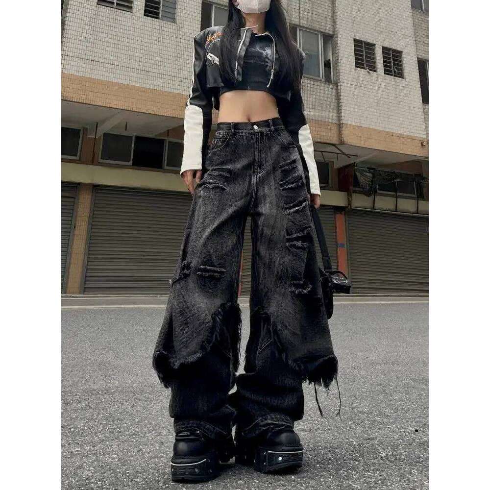 American Vintage Y2k Aesthetic Slim Long Denim Pants Personality Spliced Hole Design Punk Jeans All Match Baggy Wide Leg Pant