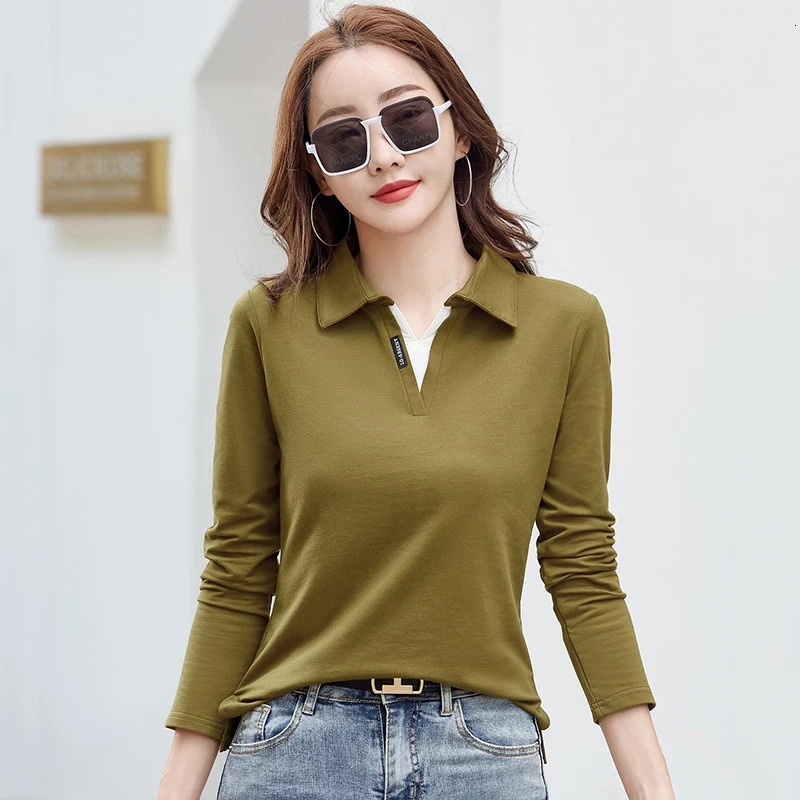Korean Autumn Woman Polo Neck Shirt Cotton Solid Color Long Sleeve TShirt Patchwork Womens Shirts For Women 250814