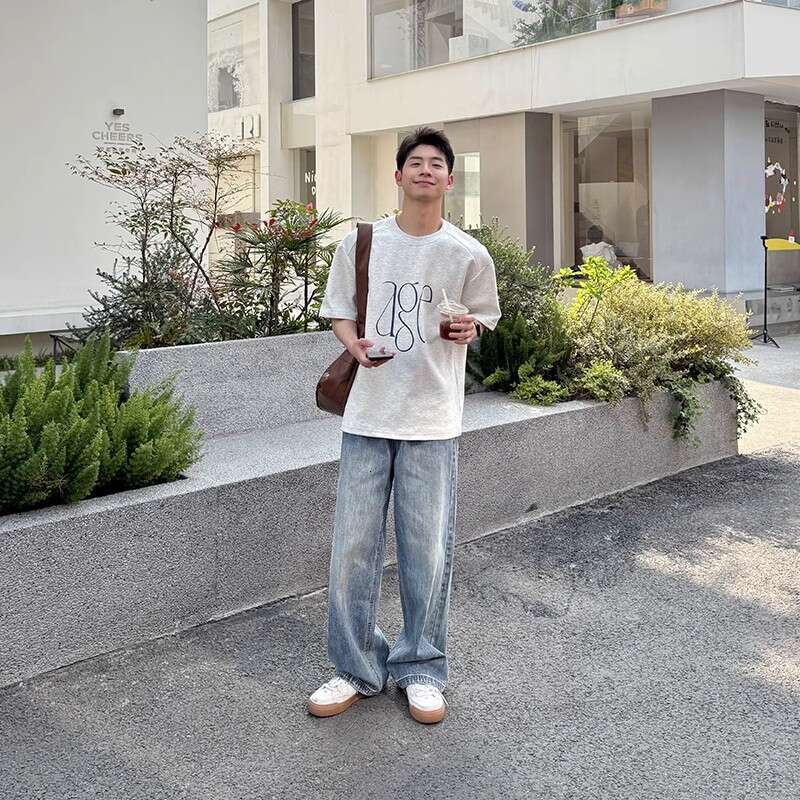 American Style Washed Blue Straight Loose Jeans Summer Men New Long Pants Casual Versatile Simple Trendy B5