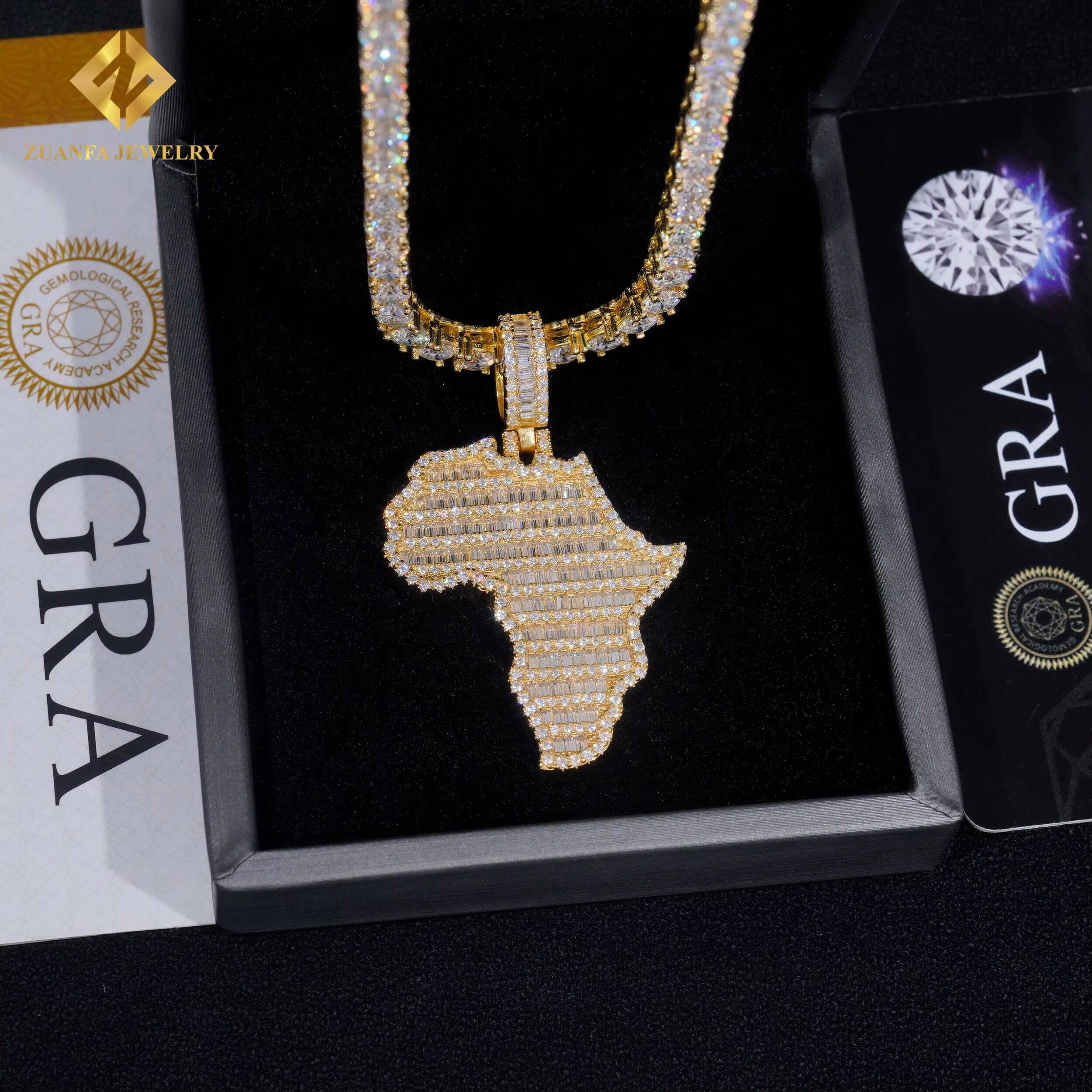 Worldwide Shipping Hip Hop Jewelry Iced Out Charms Pendant 925 Solid Silver Full Baguette Moissanite African Map Pendant