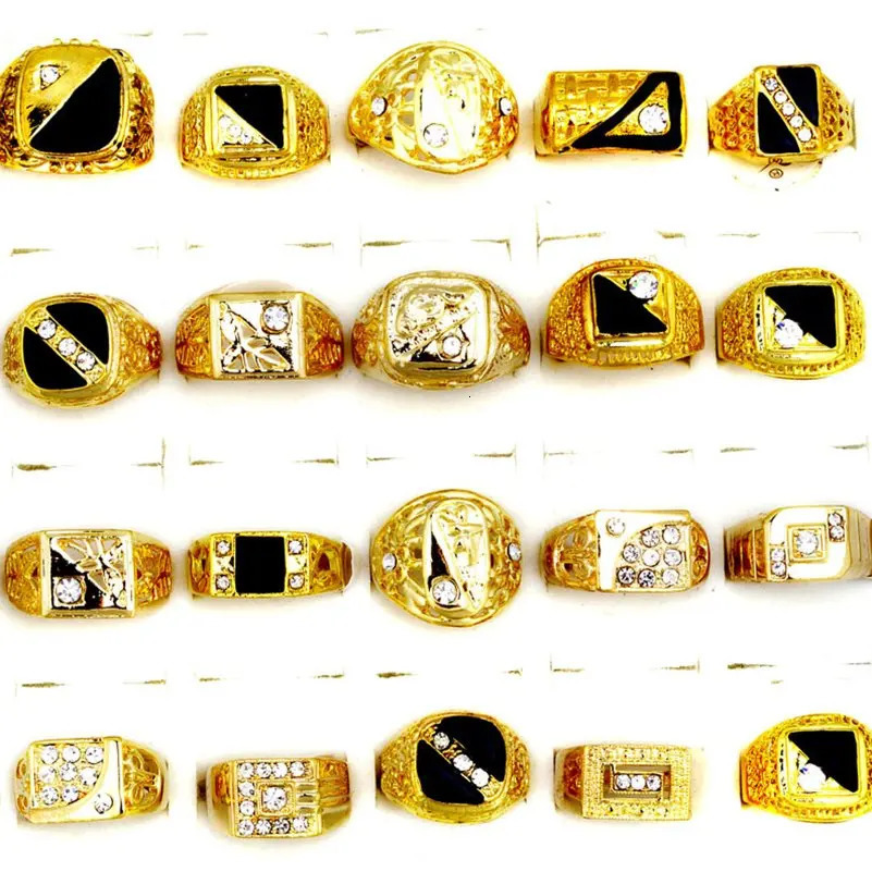 10pcs Mix Fashion Mens Ring Classic Gold Color Black Enamel Rhinestone Geometric Alloy Finger Rings for Men Wedding Party Gift 250811