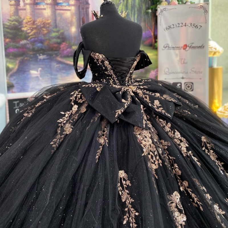 Black Shiny Princess Sweet 16 Dress Quinceanera Dresses Applique Beads Bow Tull Party Birthday Vestido De 15 Anos Ball Gowns