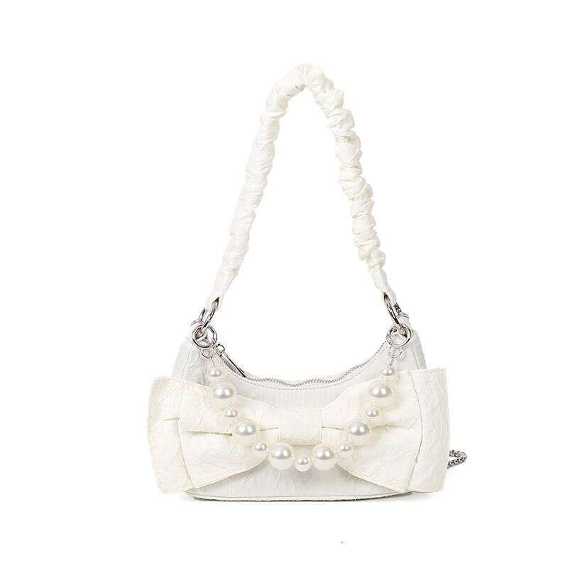 Fashion bow pearl chain handbag, high-end niche single shoulder bag, simple and versatile pleated armpit bag