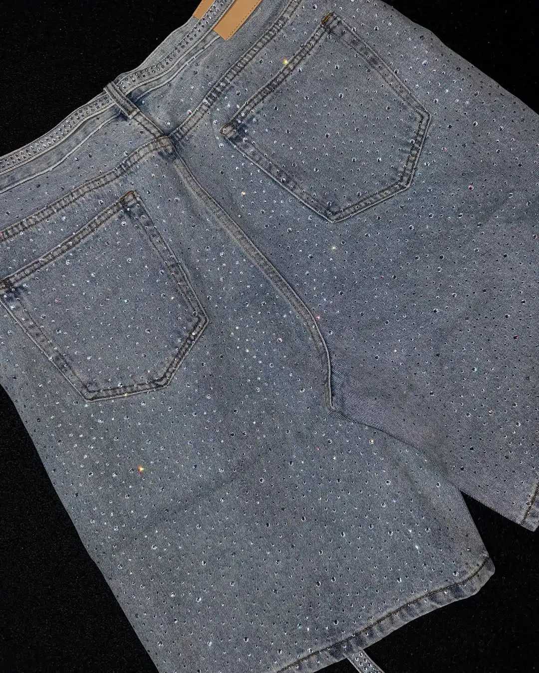 American Retro Rhinestone Sequins Ribbon Denim Shorts Y2K Hip Hop Washed Solid Color Baggy Shorts Low Waist Over The Knee Pants Y250814