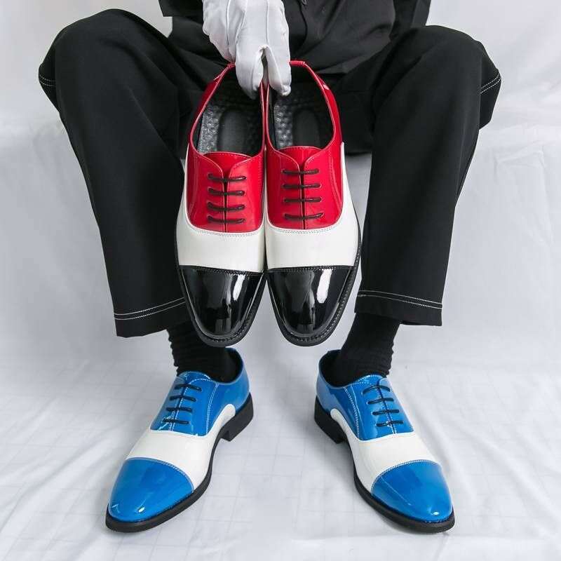 New Men's Patent Shiny Three-joint Contrast Color Business Formal Casual Leather British Pointed Toe Stage Wedding Shoes